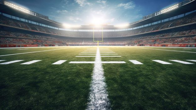 Football field in bright lights.